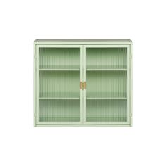 a green bookcase with two doors on each side