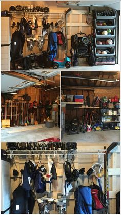 there are several pictures of the inside of a garage with various items in it and hanging from the ceiling