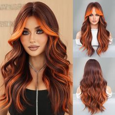 PRICES MAY VARY. 💘【Material Selection】High density heat resistant fiber wig(121°c), soft hair, comfortable to wear, easy to care for.Reduce shedding and knotting. 💘【Long Ombre Ginger Wig】26 Inch long wavy curly orange wig with 9.4 Inch curtain bangs.Ginger highlight Brown wig design is more fashion,unique bright orange middle part wig brings more enthusiasm to you! 💘【Dark Roots & Curtain Bangs Wig】9.4 Inch curtain bangs can not only be arbitrarily shaped but also perfectly hide the hairline.T Colored Hair For Brown Hair, Orange Hair Inspiration, Dark Brown And Orange Hair, Fall Hair Colors With Highlights, Ginger Curtain Bangs, Fall Highlights For Dark Brown Hair, Long Curtain Bangs Long Hair, Brown And Orange Hair, Orange Hair Ideas