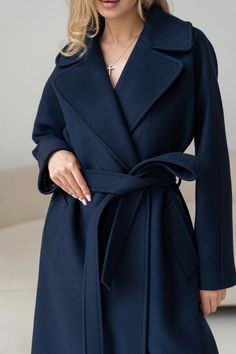 Navy Blue Cashmere Wool Coat Long 100% Wool Coat Wrap - Etsy Estonia Navy Wool Coat Women, 100% Wool Coat, Navy Coat Outfits For Women, Navy Blue Wool Coat, Elegant Long Sleeve Blue Wool Coat, Elegant Blue Long Sleeve Wool Coat, Elegant Blue Belted Outerwear, Elegant Blue Wool Peacoat, Elegant Wool Peacoat