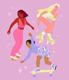 three women are riding skateboards in different positions on a pink background with stars and sparkles