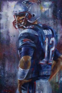 a painting of a football player wearing a helmet and holding his hands in his pockets