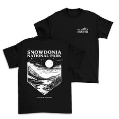 SNOWDONIA NATIONAL PARK, Landscape Graphic T-Shirt, Drawn Illustration - Mens or Women's Regular Fitted Unisex T-Shirt - Made from 100% Organic Cotton - 180/GSM Ringspun Combed - Printed on Stanley/Stella, leaders in sustainable clothing manufacturing. - Available in sizes S-3XL - Full size guide available in item photographs. T-Shirts are very true to size, we recommend sizing up if looking for a more relaxed fit. Each t-shirt in our collection is meticulously hand-printed and made to order with a great attention to detail. All orders are made specifically for you upon purchase. As a result, we are currently unable to accept returns or exchanges.  Please carefully review the size charts and product descriptions provided before placing your order to ensure the perfect fit. We take great pr Short Sleeve Graphic T-shirt For Winter, Winter Graphic Print T-shirt With Short Sleeves, Winter Crew Neck T-shirt For Outdoor, Winter Graphic Print Short Sleeve T-shirt, National Parks T Shirt, National Park After Dark Shirt, National Park Tshirt, Clothing Manufacturing, Camping Cotton Screen Print T-shirt