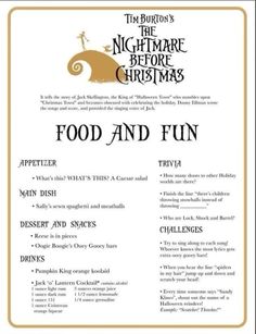 Nightmare Before Christmas Movie Dinner, Fall Movie Night Dinner, Disney Dinner And Movie Night Halloween, Nightmare Before Christmas Party Food Ideas Appetizers, Nightmare Before Christmas Themed Dinner, Halloween Dinner And A Movie Ideas, Nightmare Before Christmas Dinner Ideas, Nightmare Before Christmas Drinks, Movie Themed Dinner Ideas For Couples