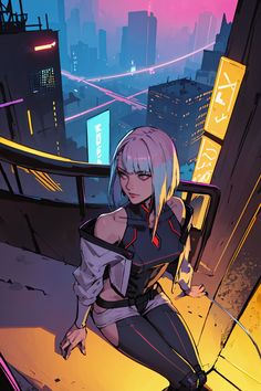 a woman sitting on top of a roof next to a neon cityscape at night