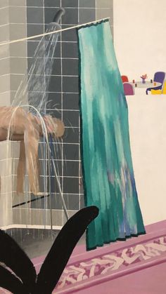 a painting of a person taking a shower