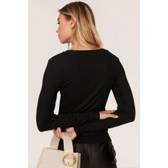 Black jersey (96% Rayon, 4% Spandex). Top. Crew neck. Long sleeves. Pull-on. 22" from shoulder to hemline. Imported. Twist Front Top, Spandex Top, Black Jersey, Rent The Runway, Closet Designs, Twist Front, Joes Jeans, Long Sleeve Tees, Twist