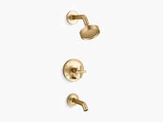 the new shower faucet is shown in polished brass, and features two handset handles