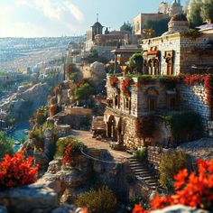 a scenic view of an old city with flowers growing on it