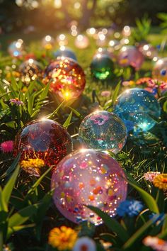 some bubbles are laying in the grass with flowers around them and lights shining on them