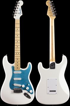 two electric guitars one is white and the other is blue, both have black heads