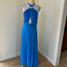 Nwt! Zara Large Blue Pleated Halter Slip Dress. Open Back With Back Neck Tie, Gold Buckle In Front, Open Waist, Back Hidden Zipper And Partially Lined . Gorgeous . Zara Dresses, Neck Tie, Slip Dress, Zara, Midi Dress, Womens Dresses, Blue, Women Shopping, Color