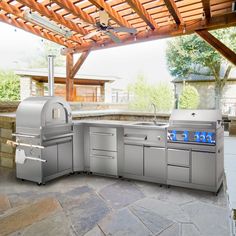 Fobest 7 Piece Modular Stainless Steel Outdoor Kitchen Suite with Under Counter Refrigerator Drawer Fobest Appliance Under Counter Refrigerator, Elevated House Design, Steel Outdoor Kitchen, Counter Refrigerator, Backyard Grill Ideas, Outdoor Kitchen Sink, Small Outdoor Kitchens, Backyard Grill, Wood Burning Pizza Oven