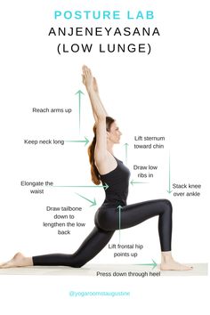 a woman doing yoga poses with the words, posture lab anjeyasana low lunge