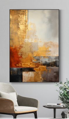 an abstract painting hangs on the wall above a chair