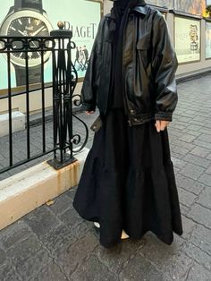 Leather Jacket Modest Outfit, Hoodie And Pleated Skirt Outfit, All Black Hijabi Outfits, Cute Modest Hijabi Outfits, Black Maxi Skirt Outfit Modest, Evanescence Aesthetic Outfit, Hijabi Outfits With Skirts, Hijabi Leather Jacket Outfit, Black Outfits Skirt