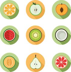 various fruits are arranged in circles on a white background with long shadows, including oranges, apples, and kiwi