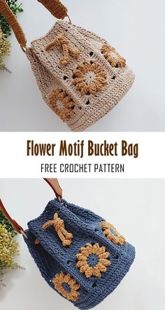 two crocheted bags with flowers on them and the text flower motif bag free crochet pattern