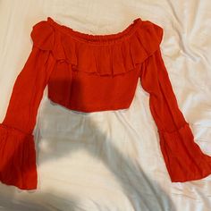 Never Worn Red Vacation Top For Fall, Red Ruffled Tops For Vacation, Red Cropped Top For Vacation, Red Long Sleeve Top From Urban Outfitters, Urban Outfitters Red Long Sleeve Top, Shoulder Crop Top, Urban Outfitters Tops, Off The Shoulder, Urban Outfitters