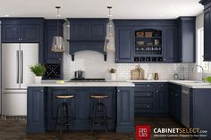 a kitchen with dark blue cabinets and white counter tops, two bar stools in front of the island