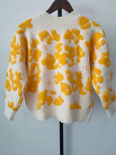 Product Show： One Size (unit:cm) Length:55 Bust:108 Raglan Sleeve: 59 Note: 1 inch = 2.54 cm, 1 cm = 0.39 inch Flower Stitching, Yellow Knit Sweater, Navy Blue Print, Hoodie Blanket, Yellow Knit, Sweater For Women, Sweater Dress Women, Embroidered Hoodie, Black Fleece