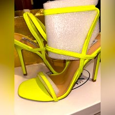 Brand New Vibrant Steve Madden Heels Neon Yellow Color Size 8 - True To Size Never Worn / Used Still In Box Yellow Synthetic Heels For Night Out, Yellow Synthetic Heels For A Night Out, Yellow Heels With Reinforced Heel For Party, Yellow Heels With Wrapped Heel For Party, Yellow Party Heels With Reinforced Heel, Yellow Party Heels With Wrapped Heel, Neon High Heels For Party, Neon Yellow High Heel Sandals For Party, Neon Yellow Party Heels In Synthetic Material