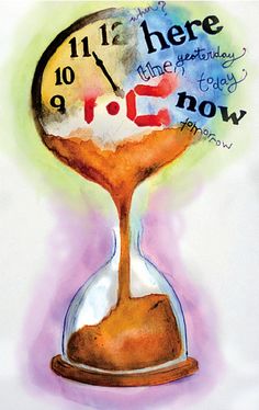 a drawing of an hourglass with the words here and now written in different languages