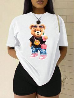 White Casual Collar Short Sleeve Knitted Fabric Animal,Cartoon  Embellished Medium Stretch  Women Clothing Animal Cartoon, Cartoon Bear, Women T Shirts, Bear Cartoon, Bear Print, T Shirt And Shorts, Kids Beachwear, White Casual, Graphic Tees Women