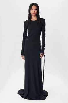 Women's Jesse X-Long Sleeve Long Flared Dress - Runway Style - Black - Round Neck - Long Sleeves - Draped Back - Flared Skirt - Floor Length - 100% Cotton - Made In PortugalModel wears Italian size 40Height: 177 cmWaist: 59 cmHips: 86 cm Long Flared Dress, 2025 Aesthetic, Witch Fashion, Jersey Skirt, Runway Dresses, Flared Dress, Ann Demeulemeester, Draped Dress, Red Carpet Dresses