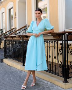 Fabric: muslin V-neck Puff sleeves Short sleeves Midi length Dress length: 122 cm/ 48.03 in Sleeve length: 33 cm/ 12.99 in Summer V-neck Dress With Gathered Sleeves, V-neck Midi Dress With Gathered Sleeves For Brunch, Billowy V-neck Dress For Daywear, Elegant Puff Sleeve Dress With Flowy Short Sleeves, Spring Brunch V-neck Puff Sleeve Dress, V-neck Midi Dress With Elastic Sleeves For Brunch, Summer Solid Color Puff Sleeve Dress With Pleated Sleeves, Spring V-neck Puff Sleeve Dress For Daywear, Summer V-neck Puff Sleeve Dress With Pleated Sleeves