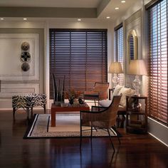 a living room filled with furniture and windows covered in blinds