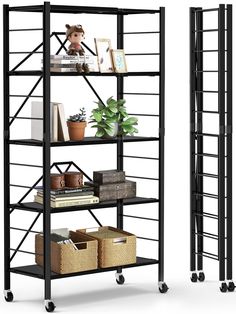 two black shelvings with baskets and books on them