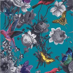 a blue background with many different colored birds and flowers in the foreground is an image of butterflies