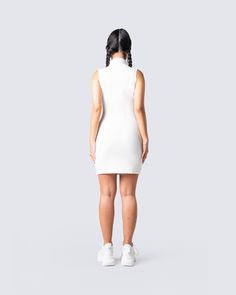 A little white dress is essential for the summertime 🤍 Made from a stretch rib knit, and designed with a mock neck detail, this dress is perfect for an everyday look, or a special night out. 🕊 White Ribbed Stretch Bodycon Dress, Summer High Neck Bodycon Dress, High Neck Bodycon Dress For Summer, High Neck Bodycon Summer Dress, White High Neck Bodycon Dress For Summer, White High Neck Bodycon Summer Dress, Chic High Neck Bodycon Dress For Spring, Fitted Knee-length Tennis Dress For Spring, Casual High Neck Bodycon Dress For Night Out