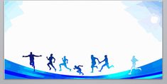 a group of people running across a blue and white background with watercolor splashes