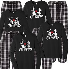 Merry Christmas Reindeer Pajamas Outfit the whole family young and old. Nothing says Christmas matching family pajamas...say cheese! This festive Merry Christmas Reindeer flannel set comes with a luxe 100% cotton jammie t-shirt in black with matching black plaid flannel pajama bottoms. Put the family to bed in their Christmas pjs and let them rip open those packages Christmas morning. Your options are endless. This cozy pajama set is so comfortable it will be your go to uniform all winter break Flannel Pajama Bottoms, Reindeer Pajamas, Family Pjs, Pajama Outfit, Adult Pajamas, Cozy Pajamas, Christmas Pjs, Matching Family Pajamas, Dog Pajamas