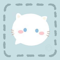 a white cat with blue eyes is in the middle of a square frame on a light blue background