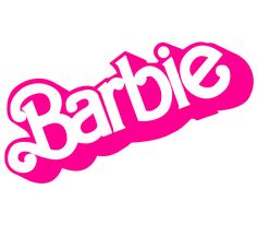 the word barbie is written in pink on a white background with an image of a skateboard