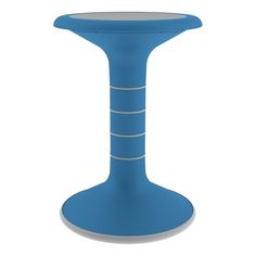 a blue table with white lines on the top and bottom, in front of a white background