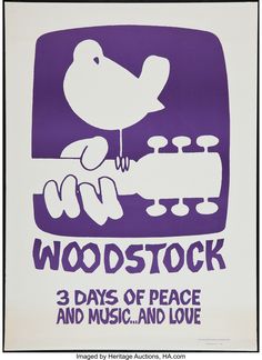 a purple and white poster with the words woodstock 3 days of peace and music and love