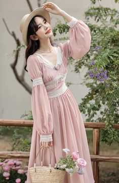 Feel ethereal like a pink fairy in this chiffon dress with a v-neckline, lace inserts, long puff sleeves and swishy midi skirt. Concealed back zipper. Lined. S: 32"-34" chest, 24"-26" waist, 45" lengthM: 33.5"-35.5" chest, 25.5"-27.5" waist, 45" lengthL: 35"-37" chest, 27"-29" waist, 45" length Story Clothes, Rose Fairy, Midi Dress Pink, Character Styles, Pink Fairy, Pink Midi Dress, Lace Insert, Shoe Gifts, Long Puff Sleeves