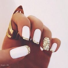 These are nails perfect for a Summer Beach Party.   #nails #beachparty #bachelorettepartyideas #butlersinthebuff White And Gold Nails, Glitter French Tips, Matte Nails Design, Simple Nail Art Designs, Wedding Nails Design, Sparkly Nails, Cute Nail Art, Nail Polishes, Matte Nails