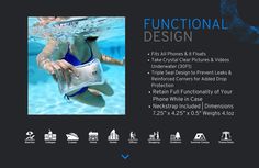 an advertisement with the words functional design in blue and white, under water photo frames