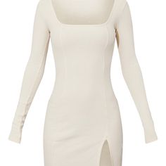 Brand New Cream Rib Split Hem Square Neck Long Sleeve Bodycon Dress Fitted Bodycon Dress With Straight Neckline For Brunch, Fitted Mini Dress With Straight Neckline For Brunch, Fitted Bodycon Dress With Square Neck For Brunch, Fitted Sheath Mini Dress For Brunch, Fitted Mini Dress With Square Neck For Brunch, Fitted Square Neck Mini Dress For Brunch, Beige Fitted Sheath Bodycon Dress, Fitted Beige Sheath Bodycon Dress, Bodycon Mini-length Midi Dress For Brunch