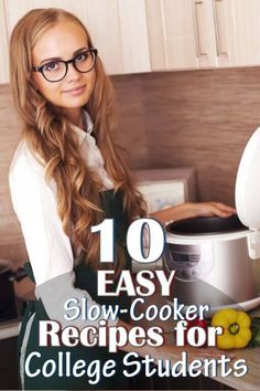 a woman is cooking in the kitchen with an easy slow cooker recipe for college students