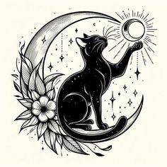 a black cat sitting on the moon with flowers