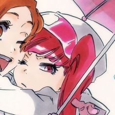 two anime characters one is holding an umbrella and the other has her face covered by red hair