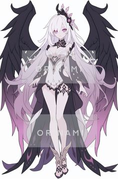 an anime character with black wings and white hair