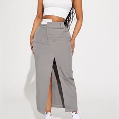 Fashion Nova Skirt Brand New With Tags Size Xl Grey With Split Up Back Polyester No Stretch Light Weight Material Trendy Skirt With Split Hem For Spring, Casual Long Skirt With Split Design, Casual Stretch Skirt With Split Hem, Casual Pencil Skirt With Split Design, Spring Maxi Skirt With Split Design, Spring Split Hem Relaxed Skirt, Non-stretch Split Skirt In Casual Style, Relaxed Split Hem Skirt, Casual Non-stretch Split Skirt