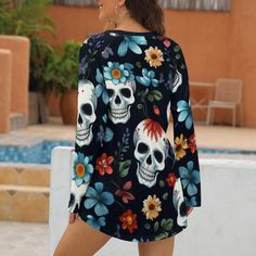 Women's Skulls With Blue Flowers Crew Neck Long Sleeve T-Shirt This t-shirt is made of a soft and comfortable imitation cotton material that also has a slight elasticity. It features an easy-to-wear and versatile design that is both comfortable and fashionable. The color of the collar and sleeves are fixed to create a stylish contrast, adding a touch of detail to the overall look. It's perfect for wearing in all seasons for any occasion, whether it's for daily wear, at home, while traveling, or during a workout. Washing instructions Hand washable and machine washable, do not soak for a long time, do not bleach, wash solution temperature should not exceed 45ºC. Due to different measurement methods, the error within 1-2cm is a normal phenomenon. Due to objective factors such as production ba Casual Skull Print Top For Fall, Blue Skull Print Tops For Summer, Casual Blue Tops With Skull Print, Blue Skull Print Crew Neck Top, Long Sleeve Tops With Skull Print, Casual V-neck Halloween Tops, Halloween Skull Print Long Sleeve Shirt, Edgy Long Sleeve T-shirt With Skull Print, Casual Long Sleeve T-shirt With Skull Print